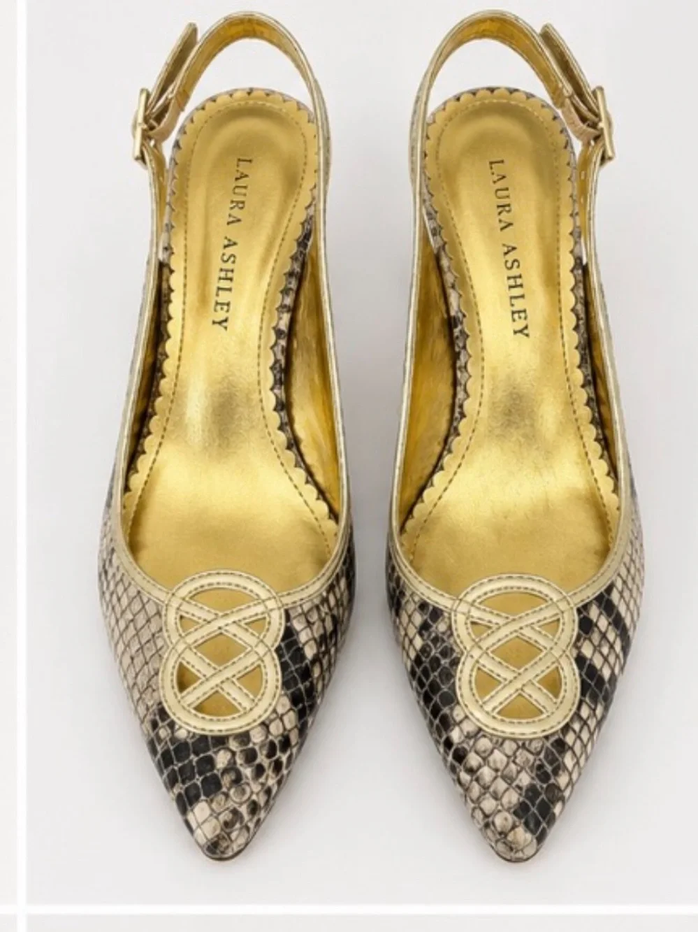 Laura Ashley Metallic Gold Snake-Print Slingback Heels